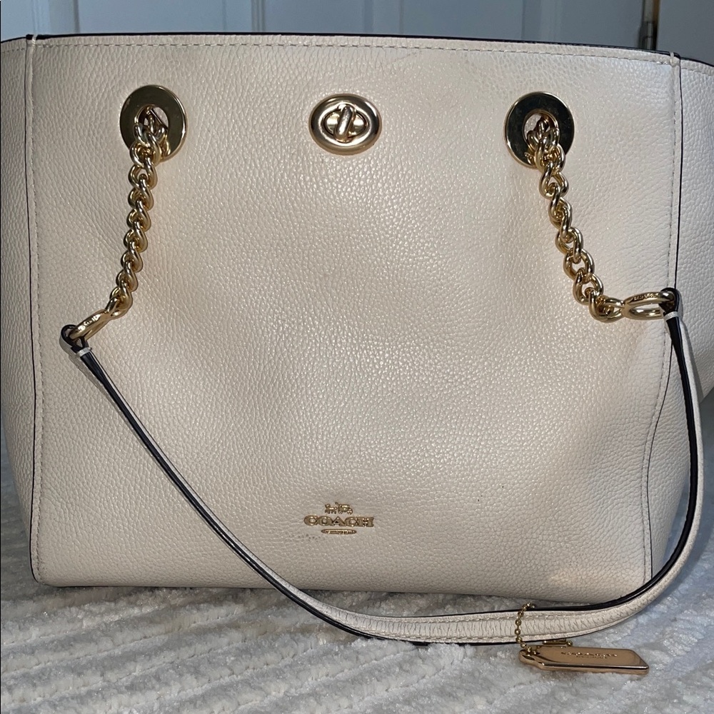 Coach Cream Leather Tote with Gold Chain